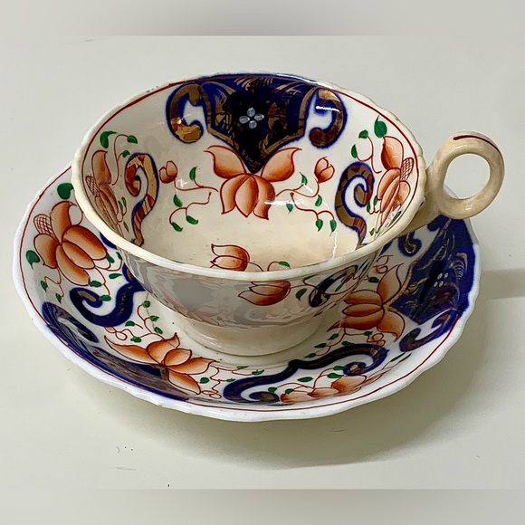 19th Century Antique Gaudy Welsh Crest Pattern Teacup & Saucer Set - Picture 4 of 16